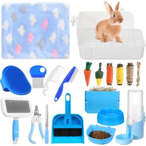 20 Pcs Rabbit Starter Kit Small Bunny Litter Box Animal Grooming Kit with Hanging Pet Bowls Water Bottle Bunny Toys Flannel Blankets with Cleaning Set for Guinea Pig Rabbit Accessories (Blue)