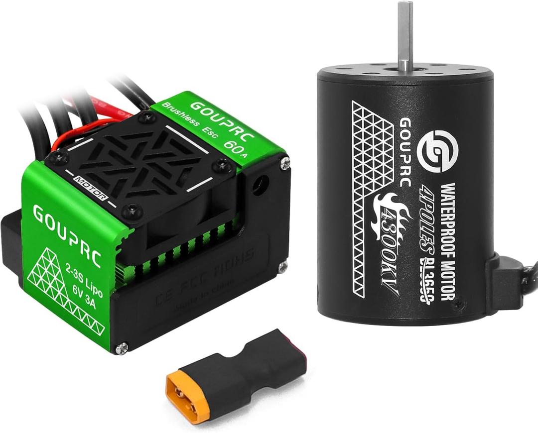 GOUPRC S3650 4300KV Brushless Motor 3.175mm Shaft with Upgrade 60A ESC Electric Speed Controller Combo Set for 1/10 RC Car Truck (4300KVMotor+60A Brushless) (Green Esc+Motor)