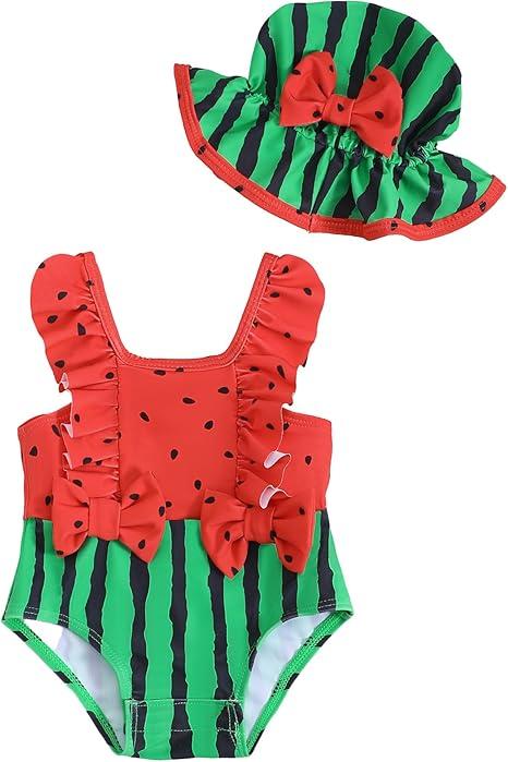 NZRVAWS Newborn Baby Girl Swimsuit One Piece Toddler Girl Bathing Suit with Hat Ruffled Bikini Infant Girls Swimwear, Size: 3-6 Months