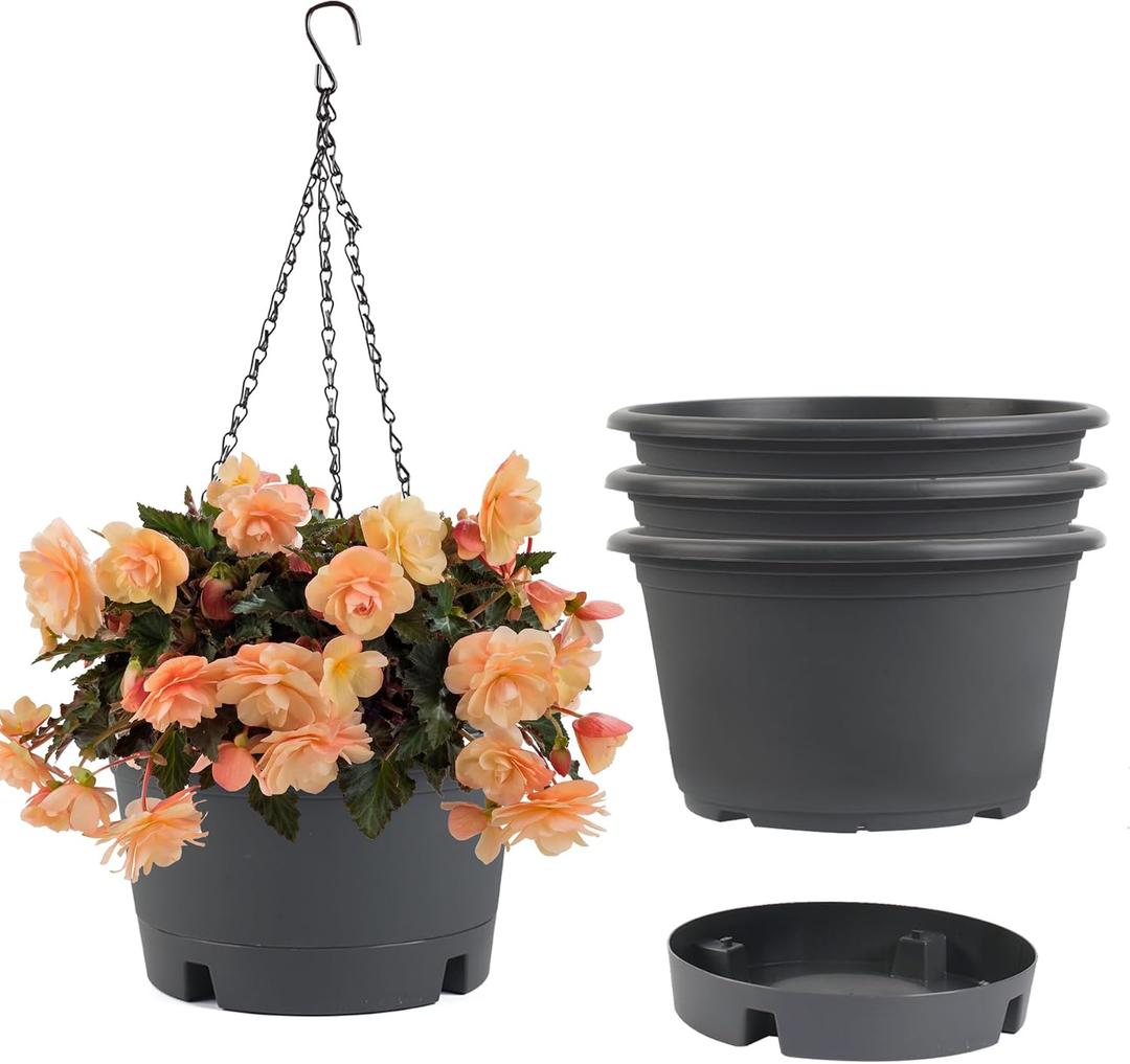 10 inch Hanging Planters, 4 Pack Hanging Baskets for Plants with Removable Trays & 15.7" Chain, Round Plastic Hanging Flower Pots for Home Garden Porch Balcony Patio Decor (Grey)