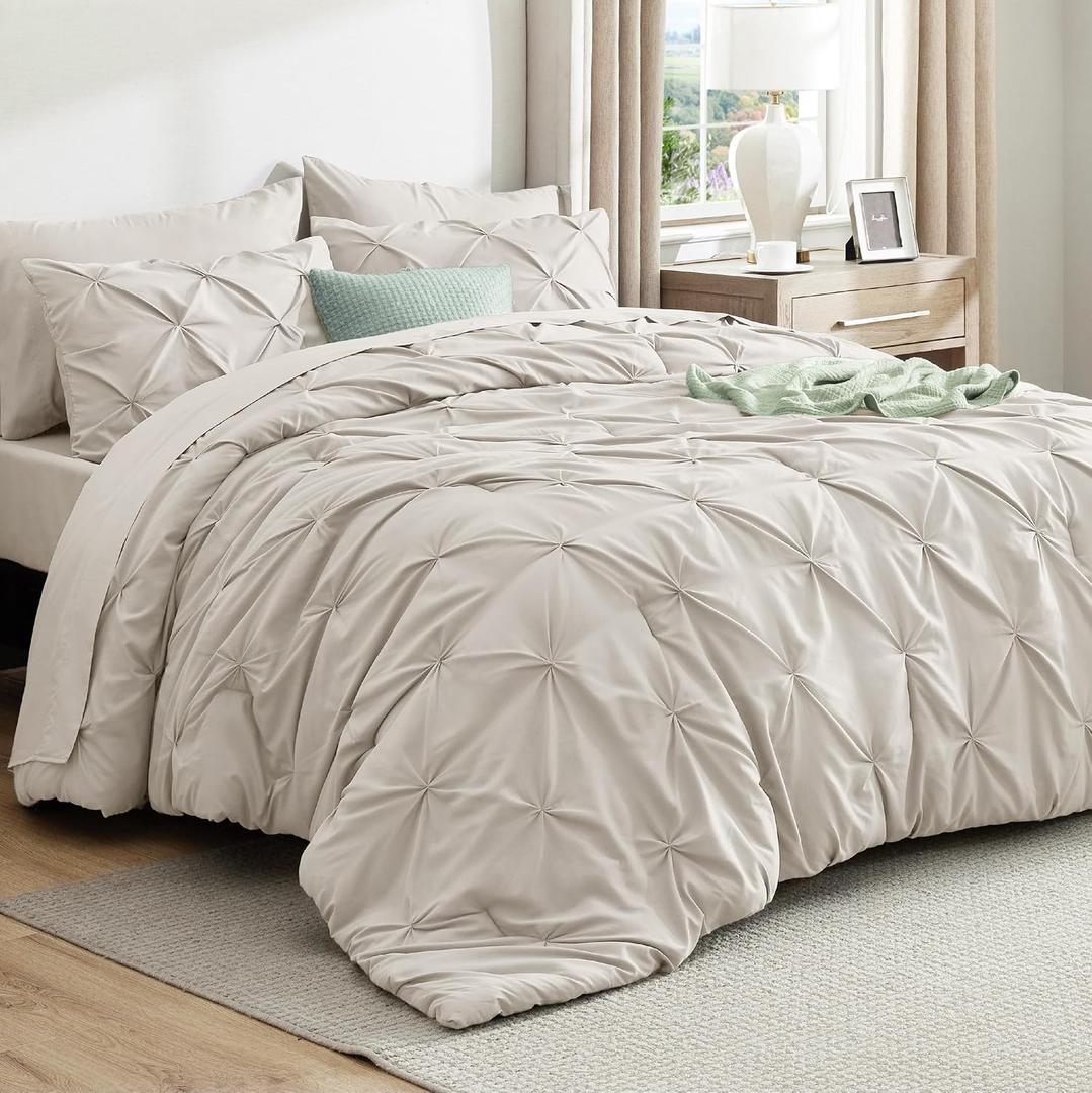 Bedsure Queen Comforter Set Linen - Bed in a Bag Queen Size Bedding 7 Pieces, GentleSoft Pintuck Bed Set Gift for Family, Pinch Pleat All Season Comforter with Sheets, Pillowcases & Shams