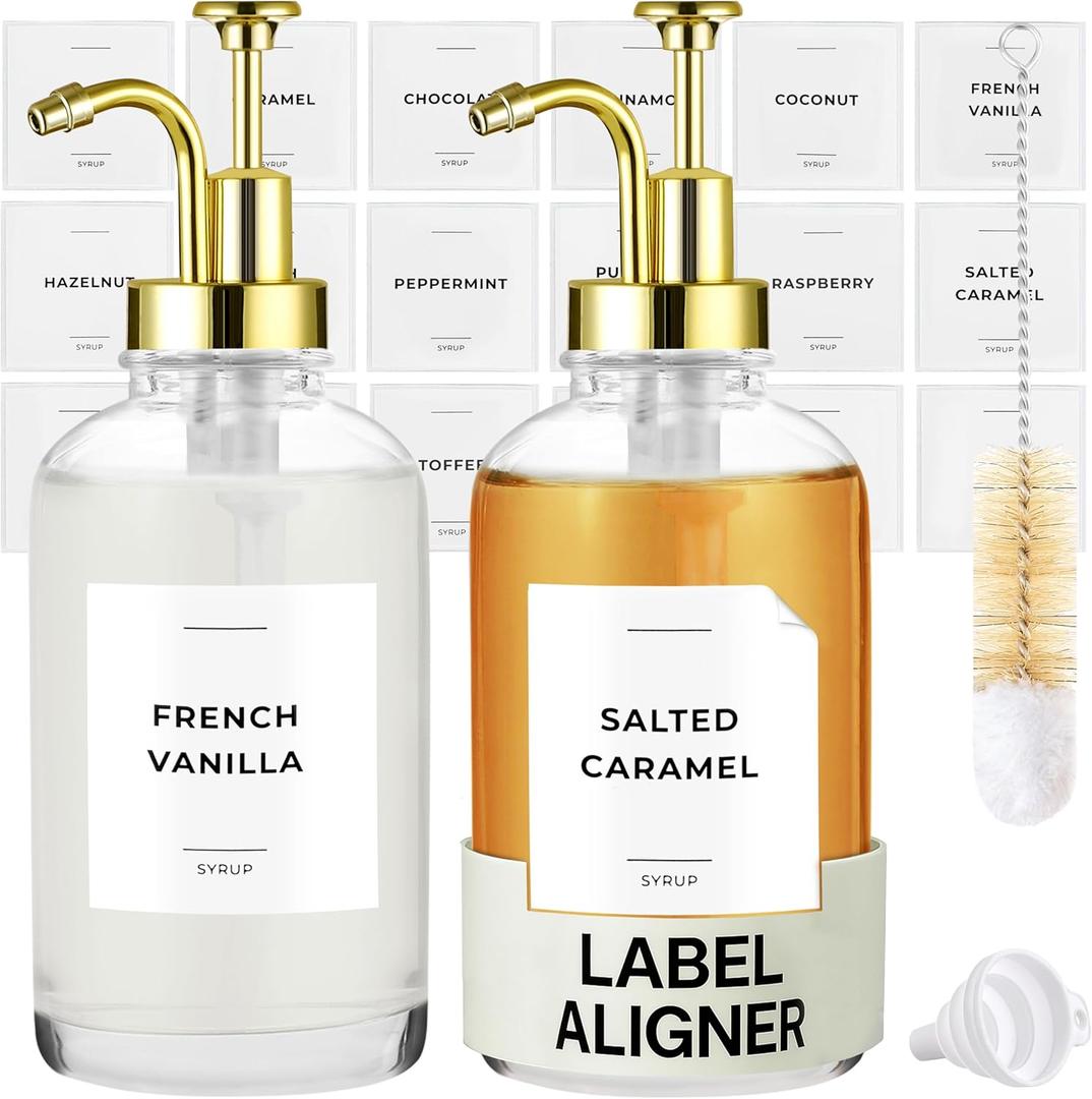 Spaceneat Coffee Syrup Dispenser with Pump - Includes 24 Flavor Labels - Glass Syrup Dispenser for Coffee Bar - Elevate your Beverage Station with 16.9 fl oz Flavoring Container Bottles, 2pcs, Gold | with Pump, for Coffee Bar