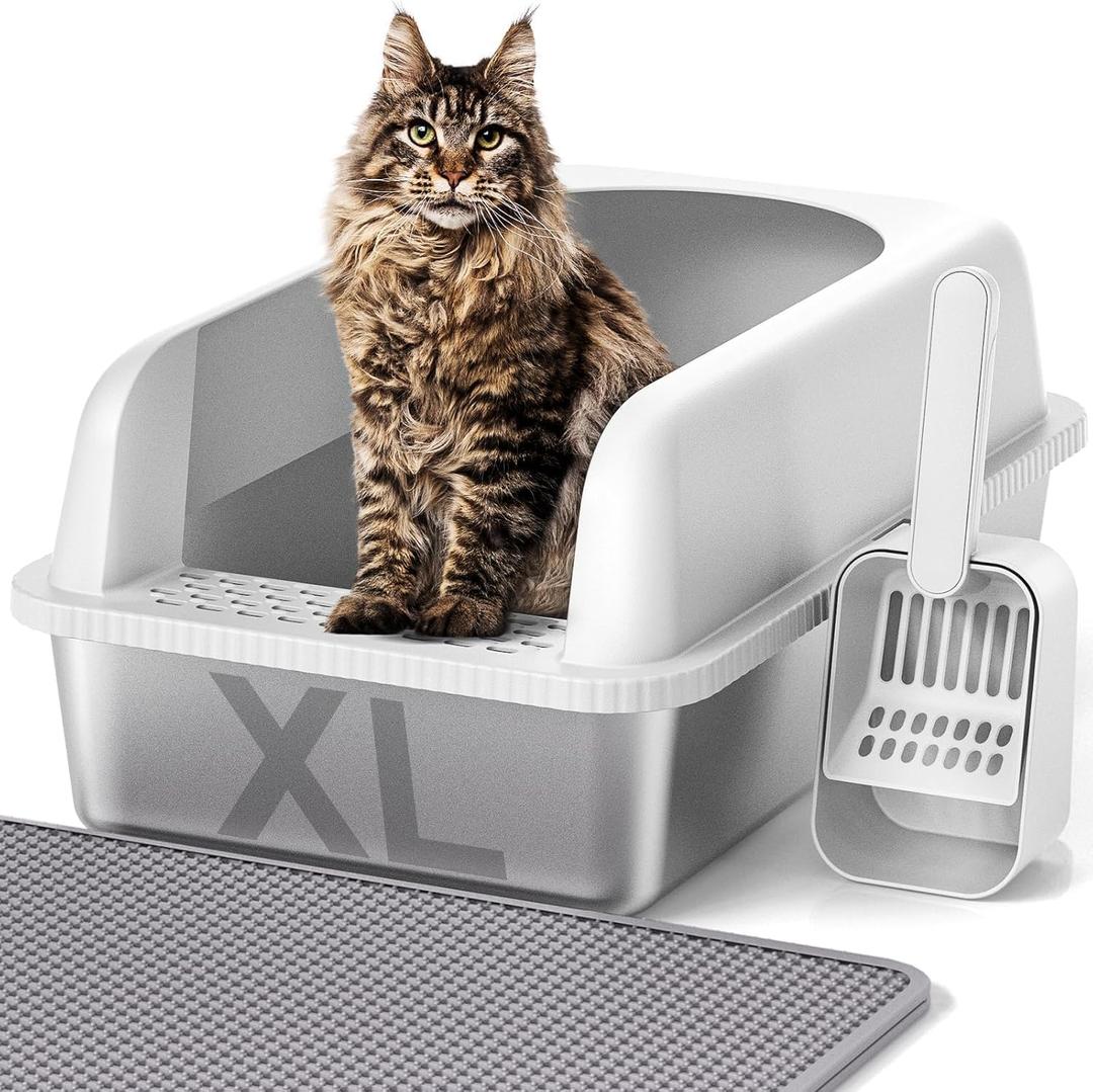 Henkelion Stainless Steel Cat Litter Box with Lid, 24" L x 16" W x 11.8" H, Extra Large Litter Box for Big Cats with High Sided, Anti-Urine Leakage, Easy Cleaning, Include Cat Mat and Scoop