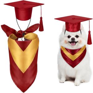 Huhumy 2 Pcs Dog Graduation Cap and Bandana Costumes with Tassels 2026 Dog Cat Graduation Hat Scarf Gown Adjustable Washable Grad Outfits Gifts for Medium Small Pet Supply(Claret)