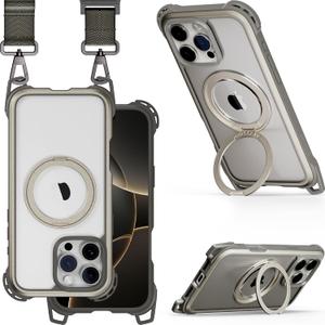 MAGEASY Odyssey Ultra MagSafe 360 Magnetic Stand iPhone 16 Pro Max Crossbody Case with Strap for Men, 25ft Shockproof TPU + Aluminum Frame, Interchangeable Lanyard Eyelets (Titanium w/Kickstand)