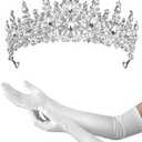 Princess Tiara Crown with Satin Gloves Set Crystal Headpiece for Graduation Prom and Party Photo Props (Silver)