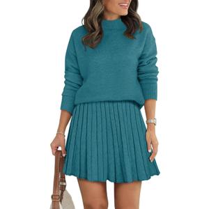 Women's Two Piece Outfits Turtleneck Long Sleeve Ribbed Knit Tops Pleated Mini Skirt 2026 Casual Sweater Sets (Medium, Lake Blue)