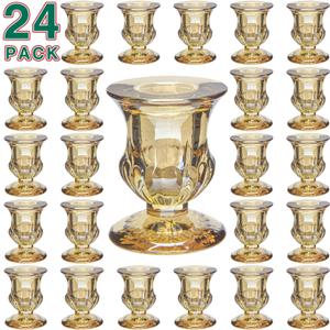 Glass Taper Small Candle Holders Set, 24 Pack Gold Short Candlestick Holders Bulk for Valentine, Porta Velas Deorativas para Mesa, Mini Candle Stands