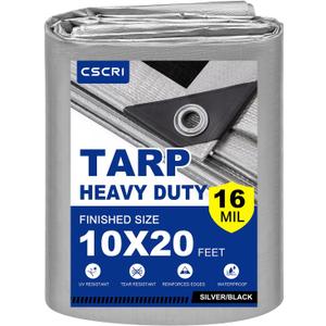 16Mil Finished Size 10x20 Tarp Heavy Duty Waterproof, Large Outdoor Multipurpose Protective Cover (Silver/Black)