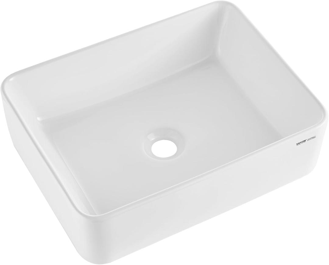 VEVOR Rectangle Vessel Sink, 19" x 14.7" Countertop, White Ceramic Above Counter, Modern Style, Bright and Elegant, Well-Packaged for Bathroom, Hotel, Toilet, RV