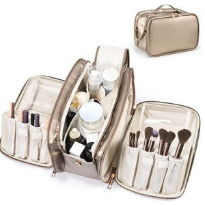 Travel Makeup Bag Women's Large Capacity Cosmetic Portable Organizer Large Opening Waterproof Storage Toiletry Bags Vertical Free-Standing Brush Holder for Easy Access Gold