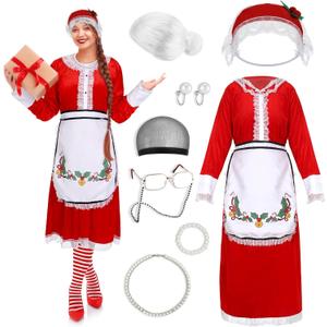 10 Pcs Mrs Santa Costume for Women Classic Christmas Santa Dress Bonnet Apron Wig for Adult Outfit Xmas Cosplay Party