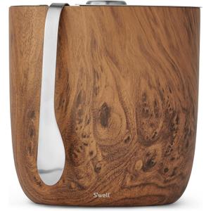 Swell Stainless Steel Ice Bucket with Tongs, 68oz Capacity, Teakwood Finish, Triple-Layer Vacuum Insulated to Keep Ice Colder Longer, BPA-Free Barware