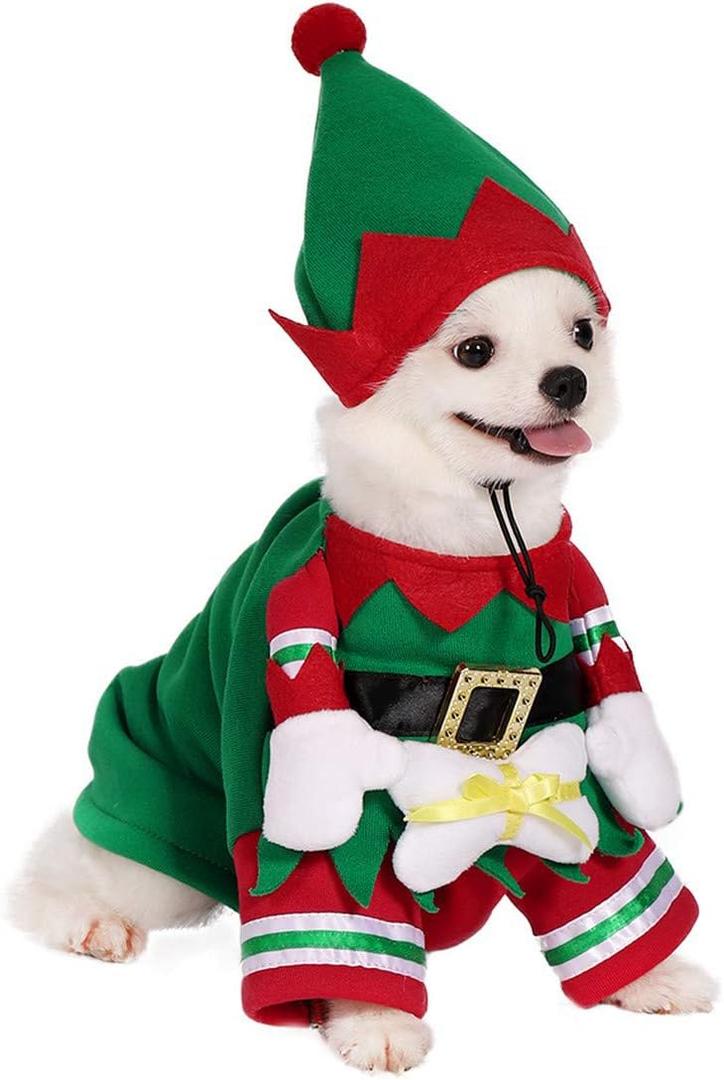 Dog Cat Christmas Elf Costume with Hat, Pet Christmas Winter Fleece Coat Clothes Puppy Xmas Outfit Apparel (Chest girth 16.1"; Neck Girth: 12.6")