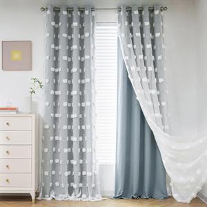 MYSKY HOME Blue Living Room Curtains Kids Curtains for Boys Bedroom 84 Inches Long Double Layer Curtains Room Darkening Grommet White Pom Pom Sheer Blackout Curtains Dusty Blue 52 x 84 Inch 2 Panels