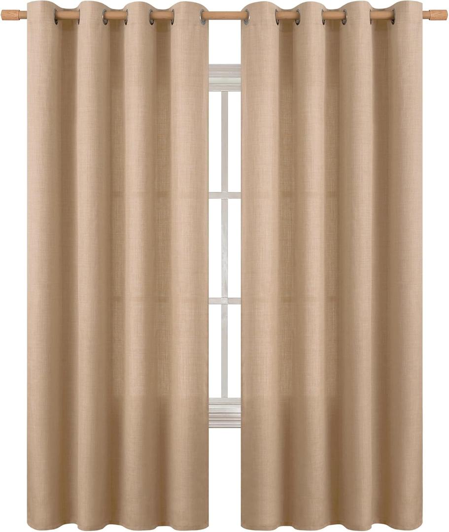 BGment Faux Linen Curtains 90 Inches Long Set of 2 Panels, Living Room Long Curtains Burlap Textured Thick Light Filtering Privacy Grommet Window Treatments, 52 x 90 Inch, Tan