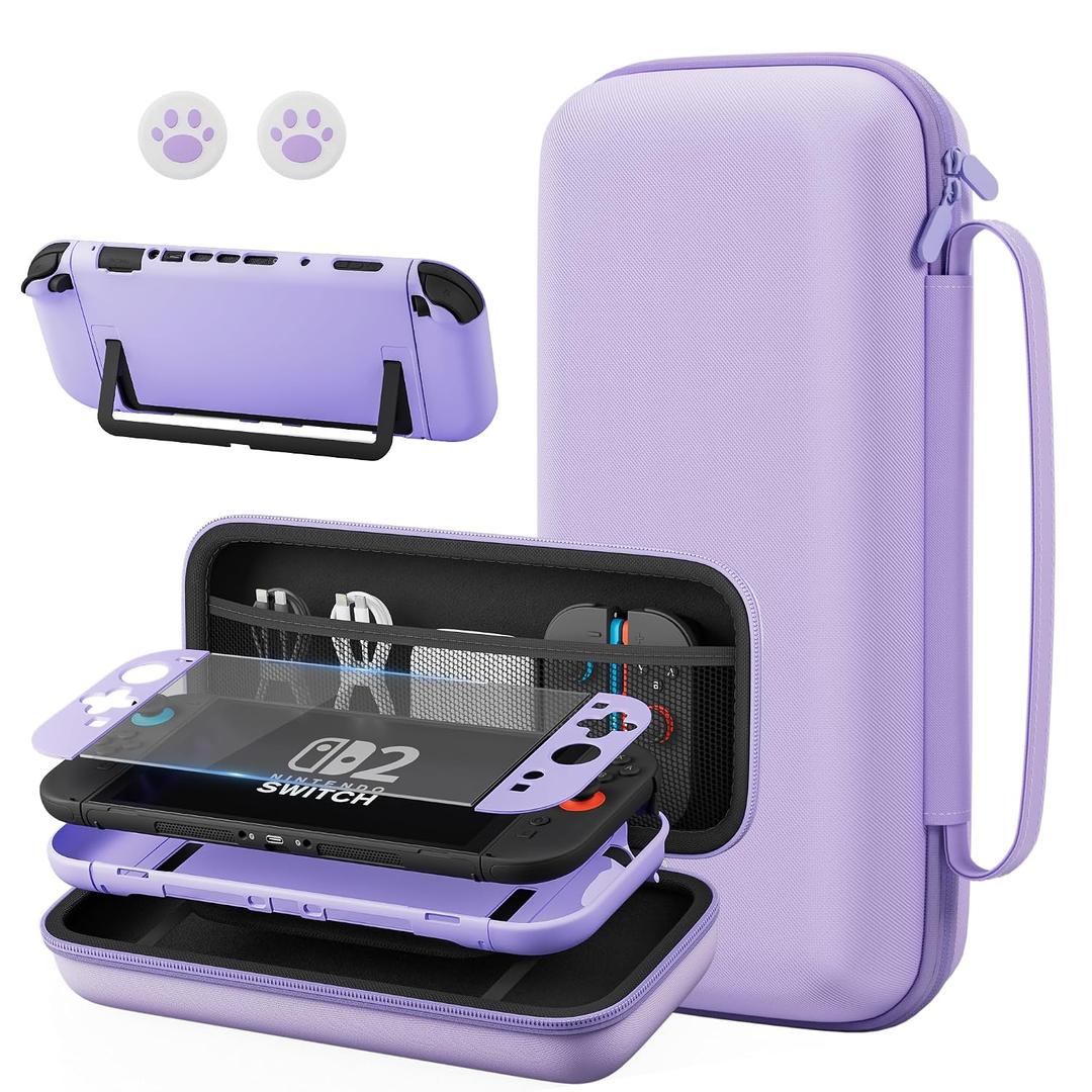 FANPL Purple Case Bundle for Nintendo Switch 2 (2025) Accessories, Portable Hard Carrying Cover with Protective Skin , Screen Protector, 2 Thumb Grips