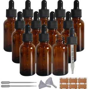 12 Pack, 1 oz Thick Dark Amber Glass Dropper Bottles with 1 Funnels & 4 Labels - 30ml Tincture Bottles with Eye Dropper - Leakproof Essential Oils Bottle - Storage and Travel for Beauty or Health
