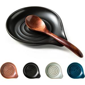 Spoon Rest, Porcelain Drip Tray for Multiple Utensils, Cooking&Large Spoon Holder for Stove Top, Modern Farmhouse Kitchen Decor Utensil Holder for Spoons, Ladles, Tongs&Spatula, Black