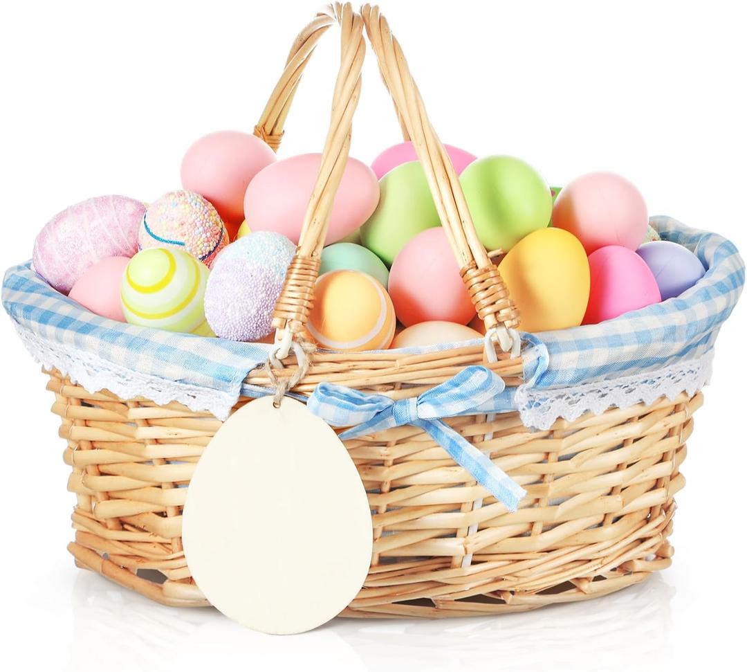Leinuosen Easter Basket Wicker Picnic Basket with Wooden Egg Cutout Woven Candy Storage Gift Wine Baskets with Handle for Easter Egg Gathering Outdoor Camping Wedding Birthday Party Supplies (Blue)