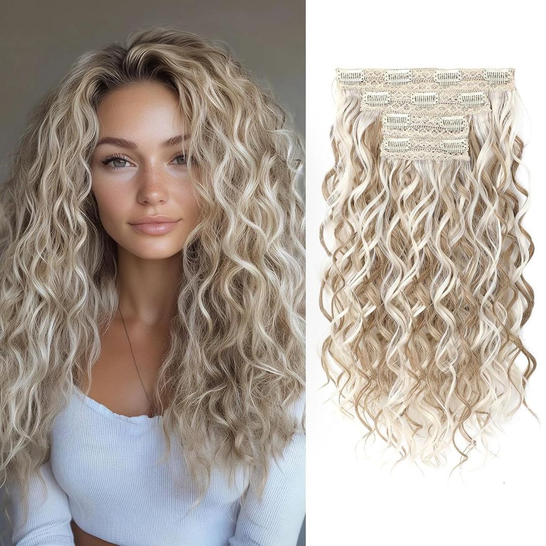 REECHO Curly Hair Extensions, 4PCS 16 inch Clip in Hair Extensions Lace Weft Short Curly Hair Extensions Clip Ins Invisible Natural Hairpieces for Women, Ash Blonde with Highlights