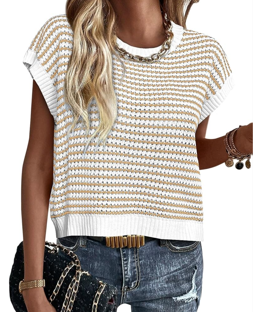 PRETTYGARDEN Womens Short Sleeve Sweater Spring Summer 2025 Round Neck Striped Pullover Cap Sleeve Knit Sweater Vest Tops, S
