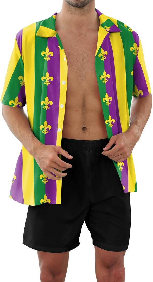 color cosplayer Mens Mardi Gras Button Down Short Sleeve Shirts Plus Size Holiday Costume for Men (Medium)