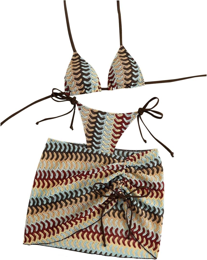 Verdusa Women's 3 Piece Halter Bikini Set Boho Geo High Cut Swimsuits with Beach Cover Up Skirt (M)