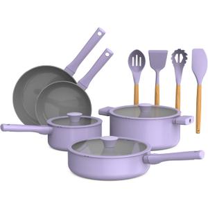 So Yummy by bella 12 Piece Cookware Set w EverGood Ceramic Nonstick Coating and Silicone & Wood Utensils, Dishwasher Safe Silicone & Glass Lids, Oven Safe & All Stovetop Compatible, Lavender