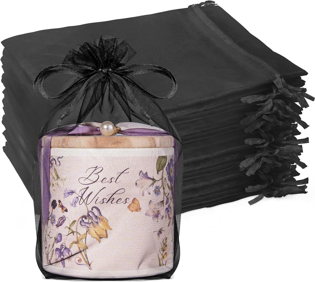 Crweety 50 Pcs Black Organza Bags 6x9 Inches, Large Mesh Gift Bags Drawstring for Crafts Soap Candy, Jewelry Treat Mesh Bag Drawstring for Easter Gifts Wedding Party Favors Baby Shower (1 Count (Pack of 50))