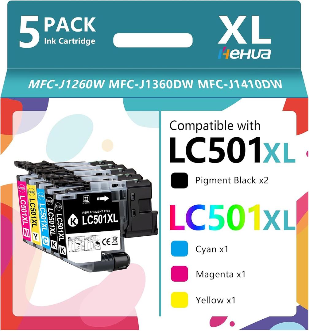 hehua LC501XL Ink Cartridges LC501 Series Inks (5-Pack,2,000 Pages) Compatible for Brother LC501XL Ink Cartridge LC501 XL for Brother Work Smart 1360 MFC-J1360DW Ink Cartridges MFC-J1410DW MFC-J1260W