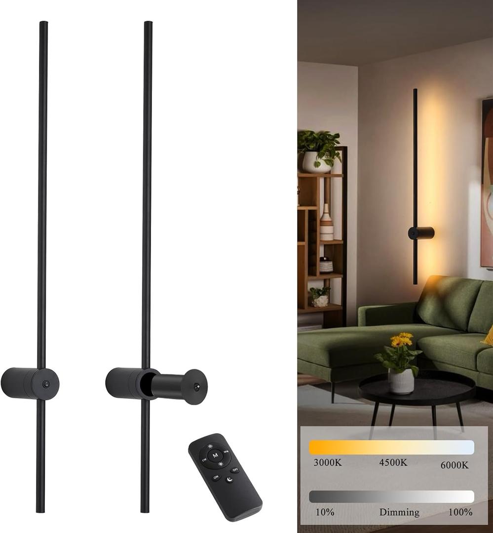 Battery Operated Wall Sconces Set of Two with Remote Control; 40 Inch Rechargeable Wireless Dimmable Wall Lights; Black Cordless Wall Sconce for Living Room Hallway Bedroom 2 Pack