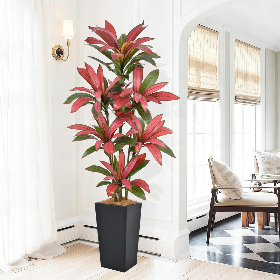 6FT Artificial Dracaena Tree - 72in Faux Dracaena Tree with Black Planter, Realistic Trunk & Lifelike Red Foliages, Tall Fake Tropical Floor Plant Potted for Home Office Living Room Indoor Decor
