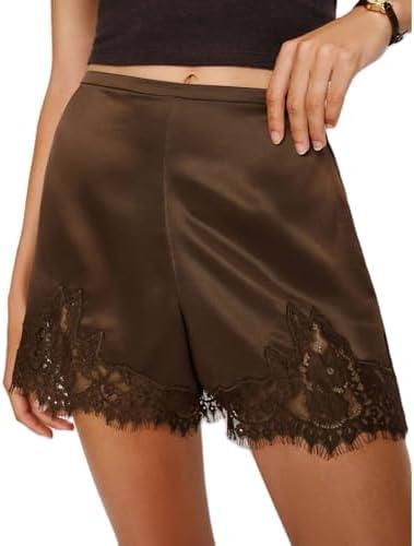 Lace Trim Silk Satin Mini Slip Shorts Women Low Rise Micro Pajama Shorts Patchwork Going Out Lounge Bottoms L