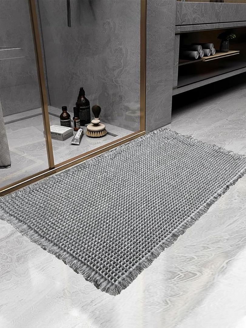 Waffle Bath Mat, Super Absorbent Non-Slip Bath Mats for Bathroom Floor, Machine Washable Bathroom Rugs with Tassels, Rubber Backed Bathroom Mats, Ultra Soft. (Light Gray)