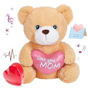 CozyWorld 10" Recordable Heartbeat Bear Stuffed Animals Love You Mom with Voice Sweet Messages Recorder Soft Plush Toy Playback Your Words Gifts for Mother's Day Mom