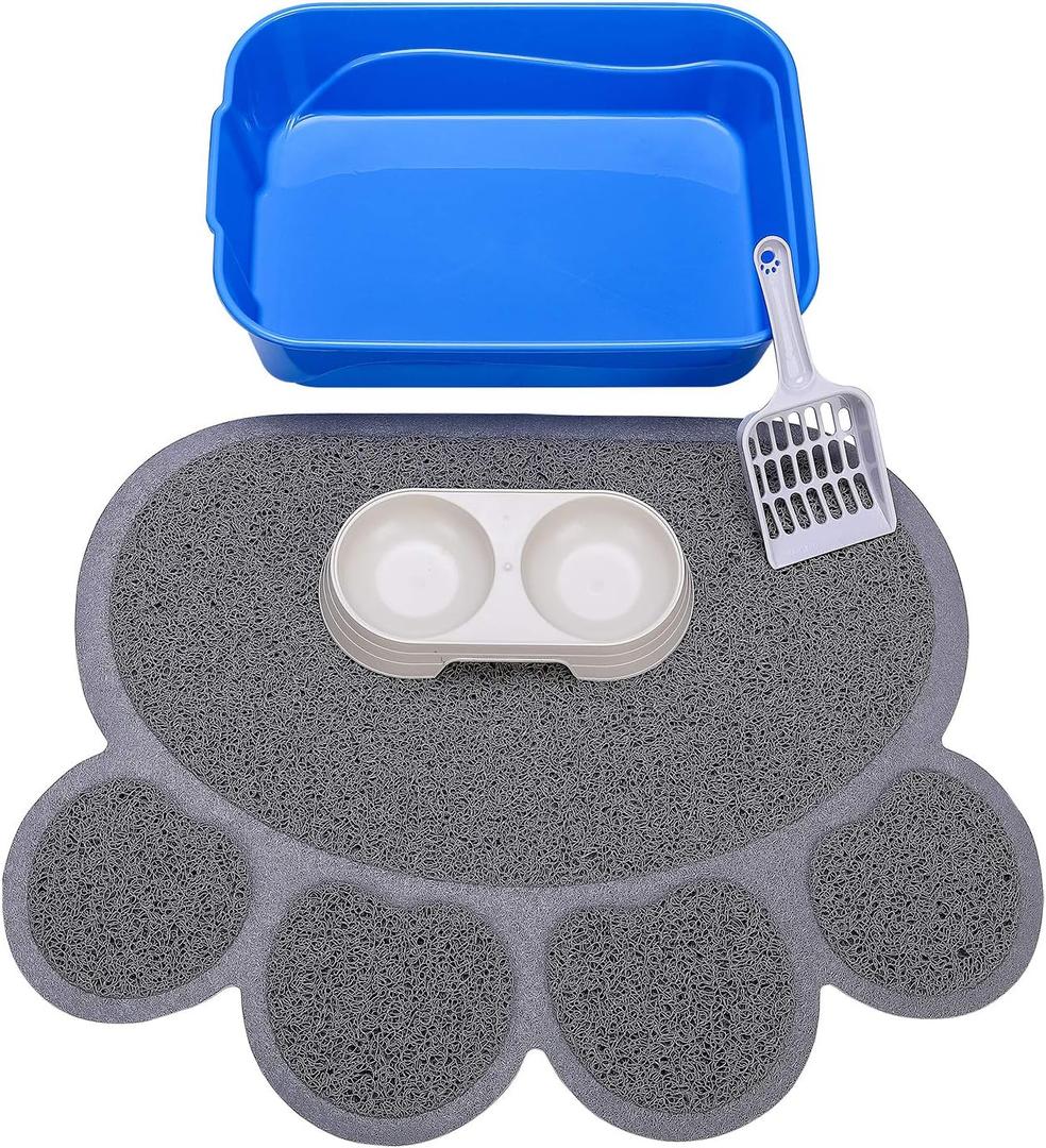 Kitty Litter Box Starter Kit - Small Cat Litter Pan Without Lid, Litter Mat, Scoop and Bowl for Kitten Within 3 Months (GreyScoop)