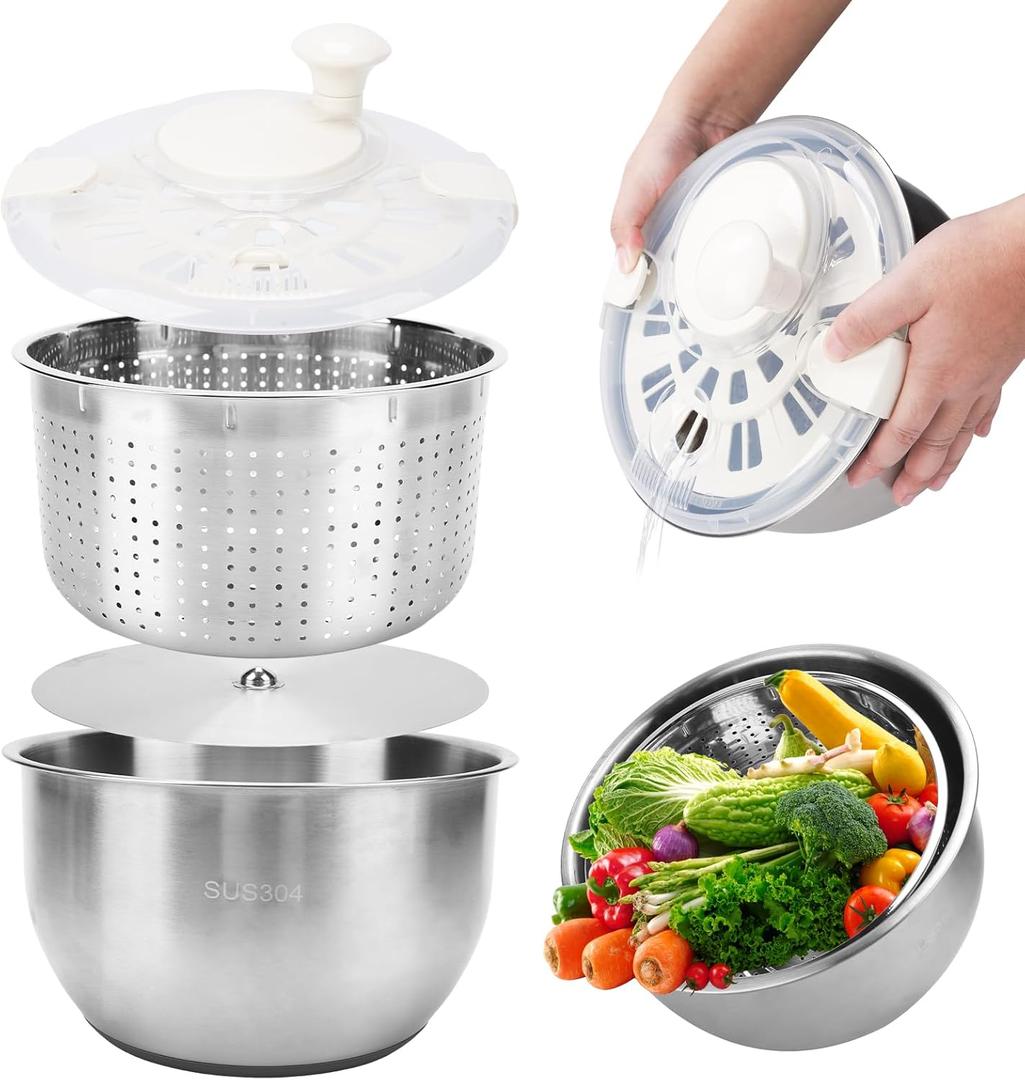 Stainless Steel Salad Spinner, Lettuce Spinner with Drain, fruit washer 6 QT with PP Cover Non-Slip Base, 3-in-1 Vegetable Wash Bowl for Dehydrating Lettuce, Fruits and Vegetables, Pasta