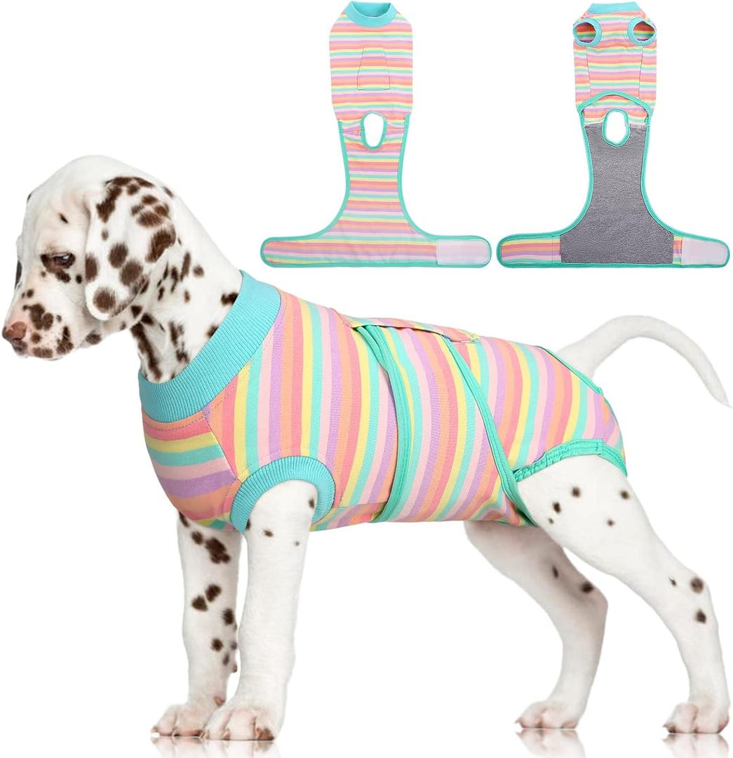 FUAMEY Recovery Suit for Dogs After Surgery,Soft Breathable Dog Bodysuit E-Collar & Cone Alternative Surgical Suit,Male Female Dog Neuter Spay Suits Anti Licking Wounds Onesie Mint Green Stripes S (S(Back:11.4-13.4in,WT:7-15lbs))