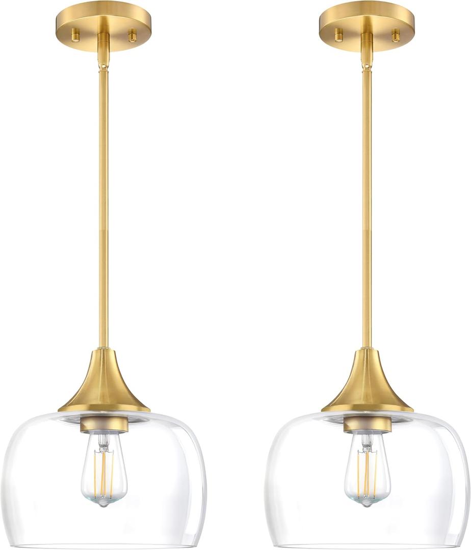 2 Pack 1 Light Hanging Indoor Kitchen Island Pendant Ceiling Light 8.2" Drum Clear Glass Shade Fixture,Gold Finish Modern Farmhouse Dinning Over Sink Adjustable Rod