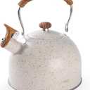 Tea Kettle, BELANKO 85 OZ / 2.5 Liter Whistling Tea Kettle, Tea Pots for Stove Top Food Grade Stainless Steel with Wood Pattern Folding Handle, Loud Whistle Kettle for Tea, Coffee, Milk - Cream White