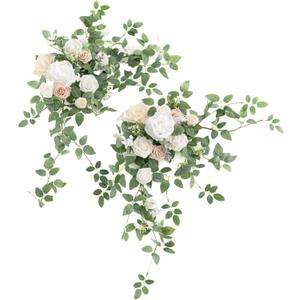 Ling's moment 2PCS Artificial Floral Swags Arch Flowers Wedding Centerpieces Flower Rose Garland Mantel Greenery Arrangements for Sweetheart Welcome Signs Decor Wall Window Home Decor White & Sage