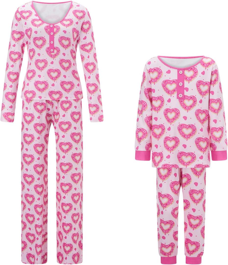 Multitrust Mommy and Me Valentines Pjs Matching Sets Long Sleeve Shirt Tops and Pants Mama and Me Pajamas Set Sleepwear (3-4T, Pink)
