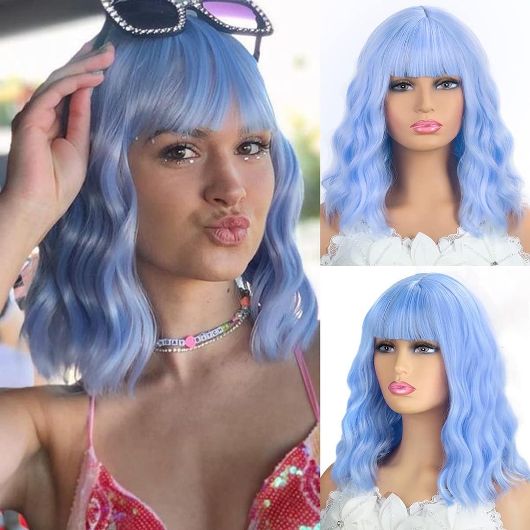 Blue Short Bob Curly Wavy Wigs with Bangs for Women Like Human Hair Natural Wig 14 Inch Made with Premium Materials Cosplay Party Wig