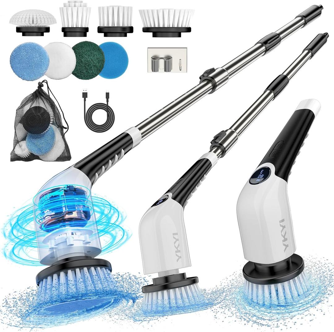 YKYI Electric Spin Scrubber,Cordless Cleaning Brush,Shower Cleaning Brush with 8 Replaceable Brush Heads, Power Scrubber 3 Adjustable Speeds,Adjustable & Detachable Long Handle,Voice Broadcast (White)