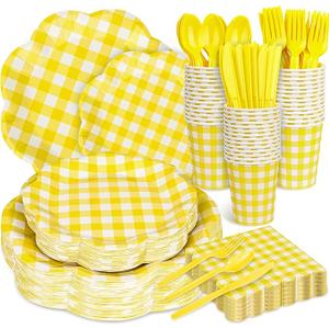 Houuqe 400 Pcs Gingham Party Supplies for 50 Guests Easter Party Yellow and White Scalloped Paper Plates and Napkins Knives Spoon Fork Cup Disposable Checkered Dinner Party Set for Baby Shower Wedding