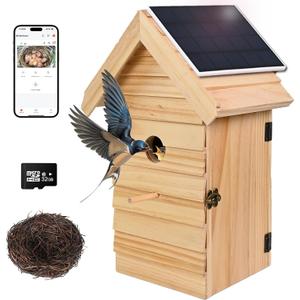 Smart Bird House with Camera, 2.4G WiFi & App Alerts, 160 Wide View 1080P HD Wireless Birdhouse, Auto Capture Bird Video & Motion Detection, Smart Bird House Camera Solar Powered (Natural, Normal)