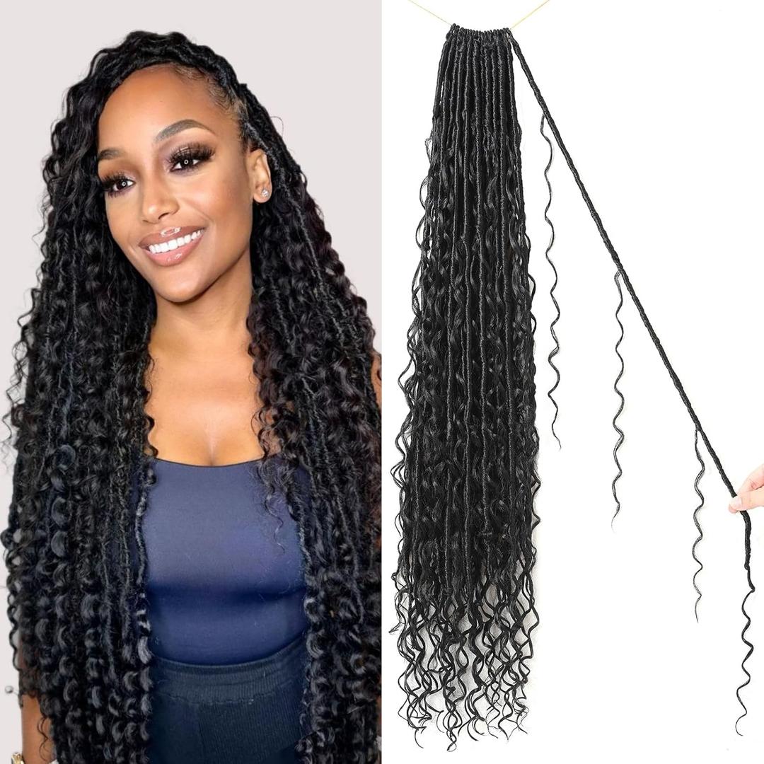 9 packs Boho Faux Locs Crochet Hair, 30 Inch, Natural Black Pre Looped Goddess Soft Locs Crochet Hair with Curly Ends, Bohemian River Locs for Black Women(1B#, 30 Inch)