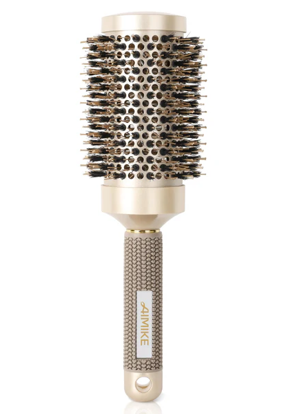 AIMIKE Round Hair Brush, Nano Thermal Ceramic & Ionic Tech, 2.1 Inch Barrel with Boar Bristles for Enhanced Texture, Golden, Hair Drying, Styling, Curling and Shine + 4 Free Clips