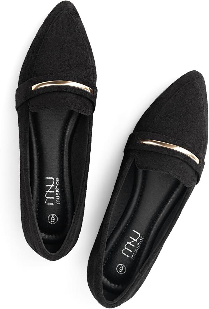 MUSSHOE Loafers for Women Pointed Toe: Dressy Gold Bit Flats, Suede BusinessCasual Slip On Shoes for Office Work,Interview & Teacher (8, Black)